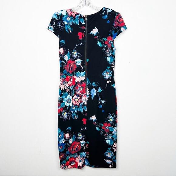BETSEY JOHNSON | Floral Print Knit Stretch Midi Cap Sleeve Sheath Dress Sz. 6 - Picture 5 of 5